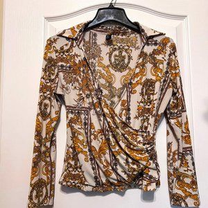Leyva's USA-Long Sleeve Top-V Neck Cross over in Front-Collared-Size L-Gold